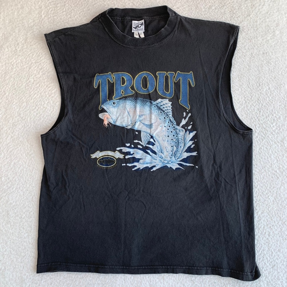 Vintage 1998 WCW World Championship Wrestling Trout Fishing Muscle Tee XL Black